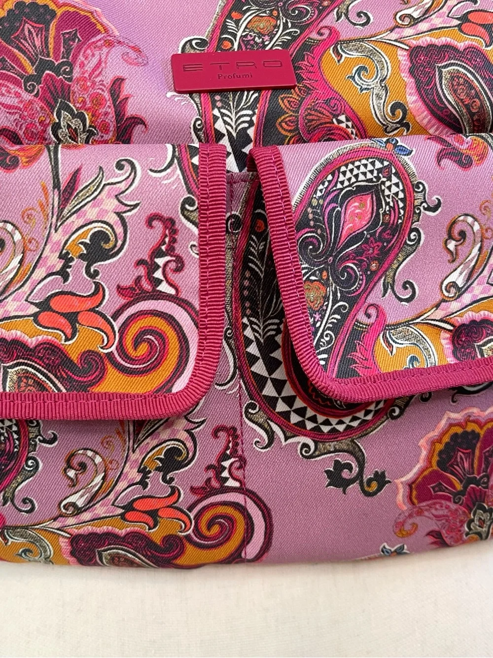 Etro Milano Pink, Red, Ochre, Multi Paisley Print Satin Backpack NWOT
